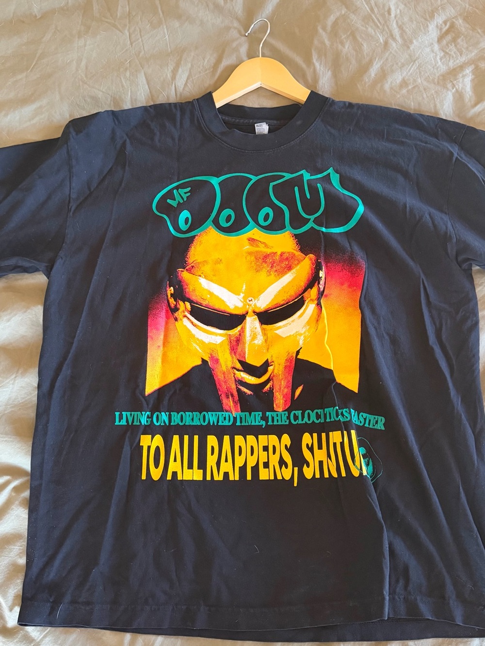 Black Graphic Rapper Mask Tee with Yellow and Teal Print